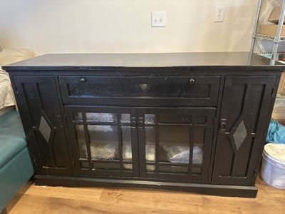 Black Wood Media Console / TV Stand, 60" wide with Glass Doors, Scratched Top