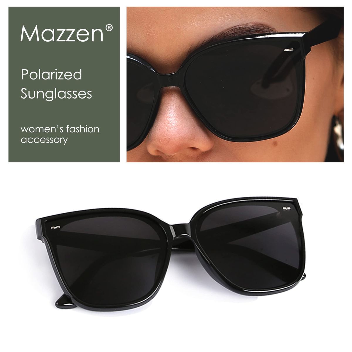Mazzen Oversized Black Polarized Sunglasses - Classic Women's Fashion Accessory with UV400 Protection