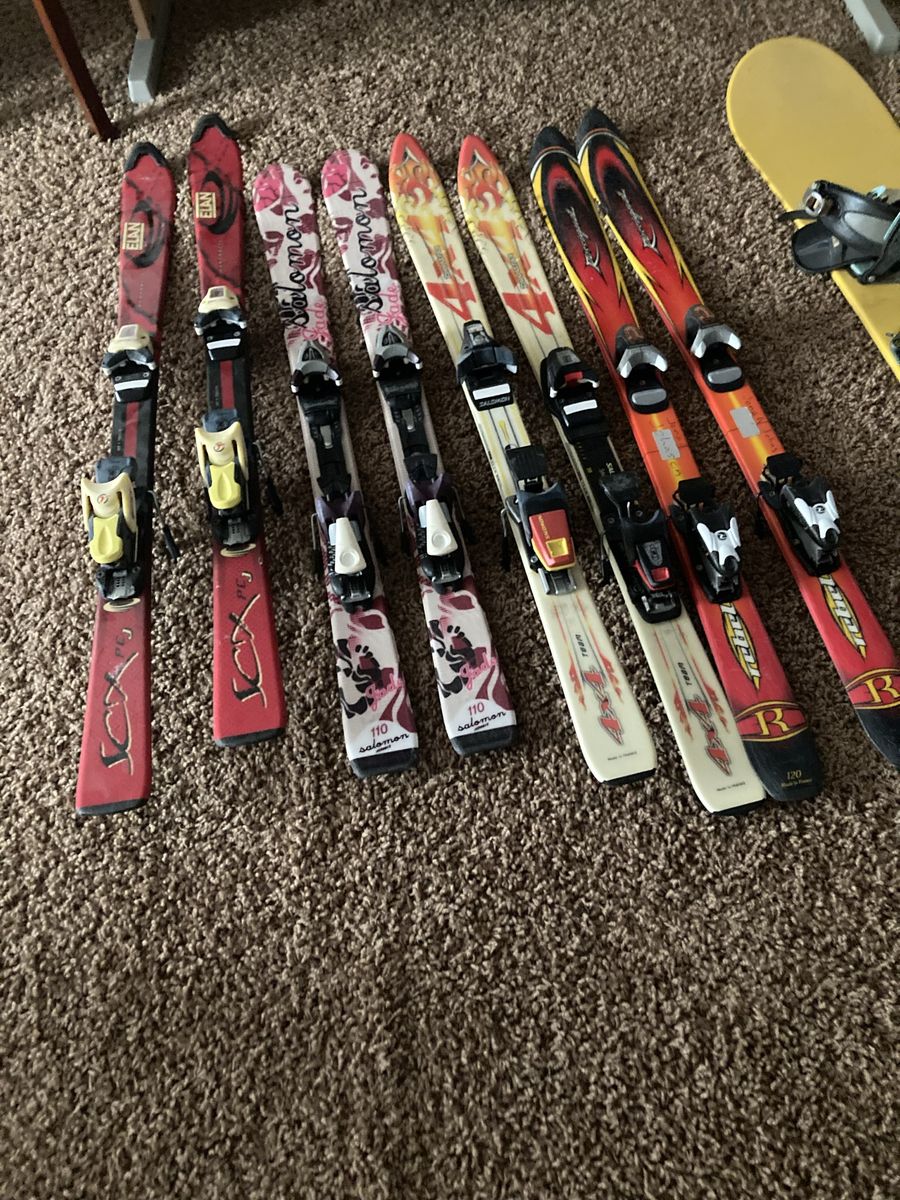 Assorted Youth & Junior Downhill Skis with Bindings (Elan, Salomon, Rossignol); $30 each