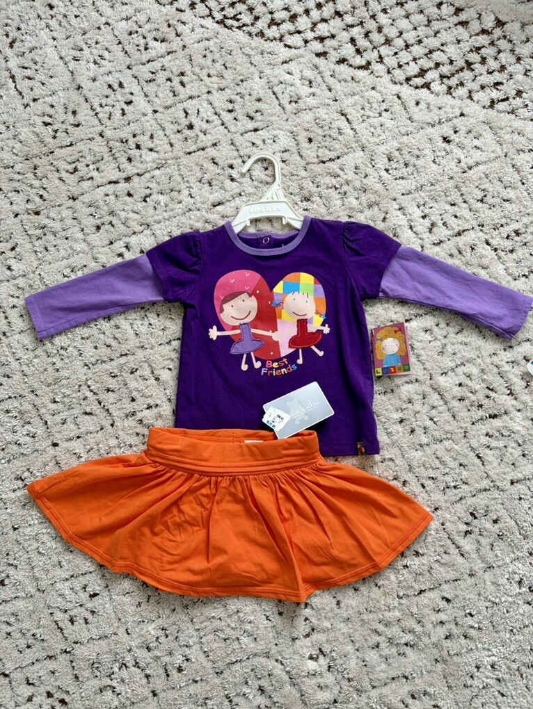 Girls Graphic Long Sleeve Top & Orange Skirt Set