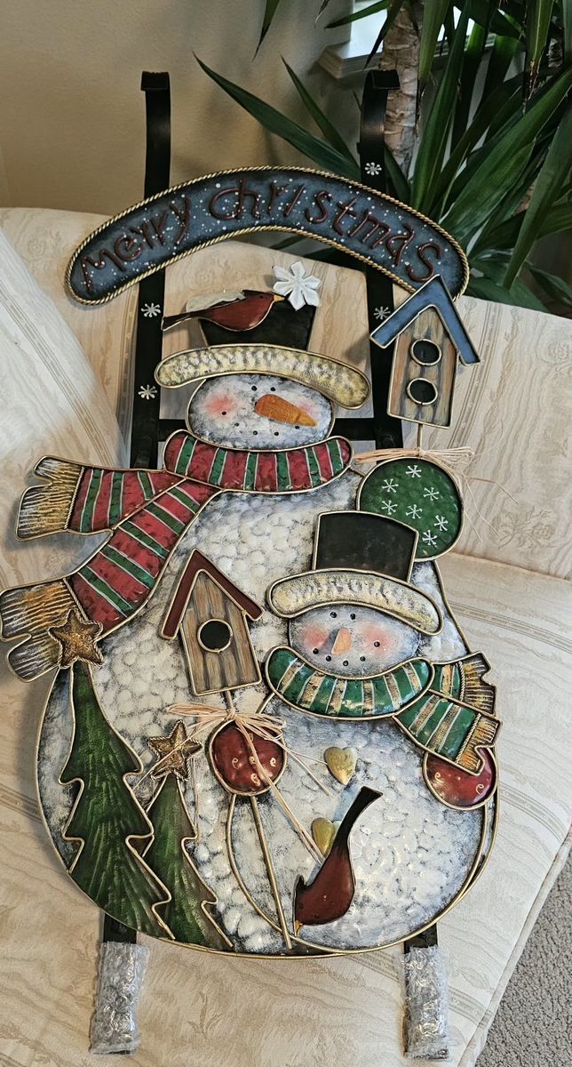 Merry Christmas Metal Sled Snowman Wall Decor with Birds and Trees 33"×15"