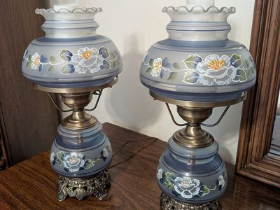 Pair Vintage Quoizel Hurricane Lamps, Blue Floral, Brass, Working