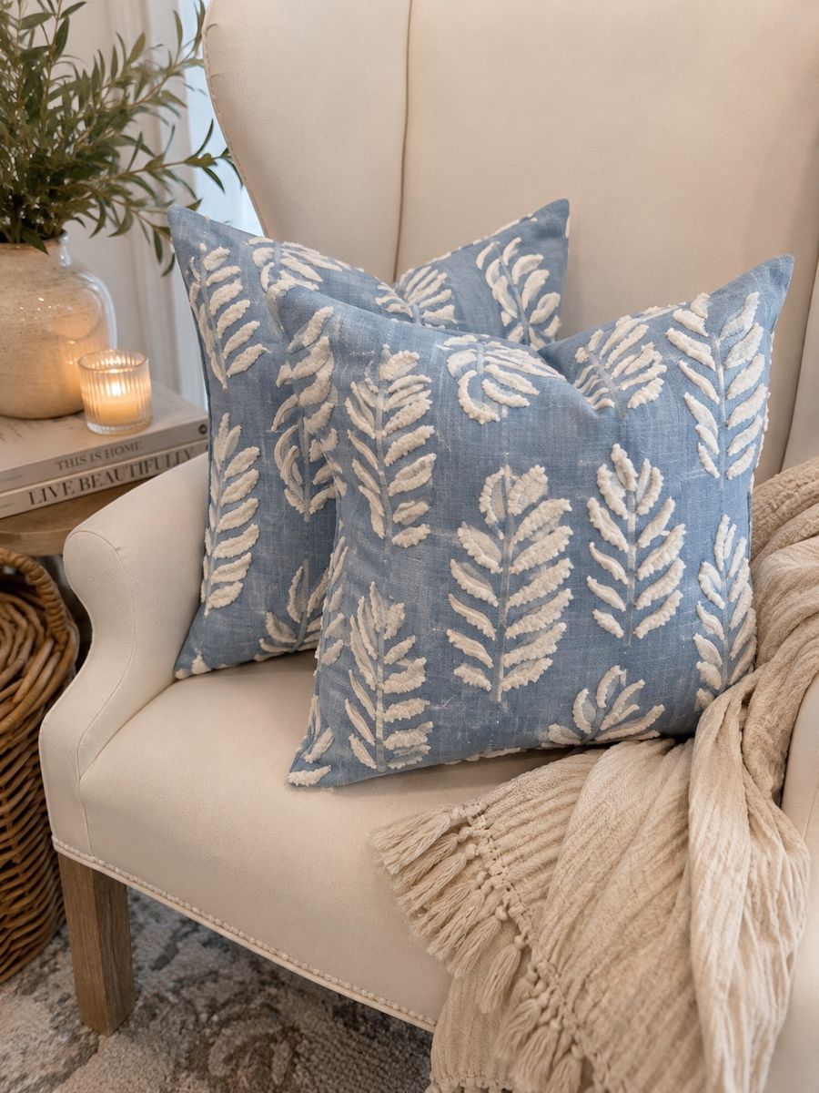 Williams Sonoma Set of 2 Blue and White Textured Leaf Pattern Throw Pillows