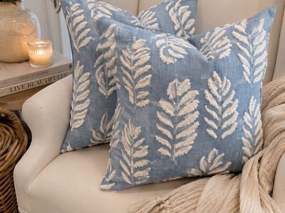 Williams Sonoma Set of 2 Blue and White Textured Leaf Pattern Throw Pillows