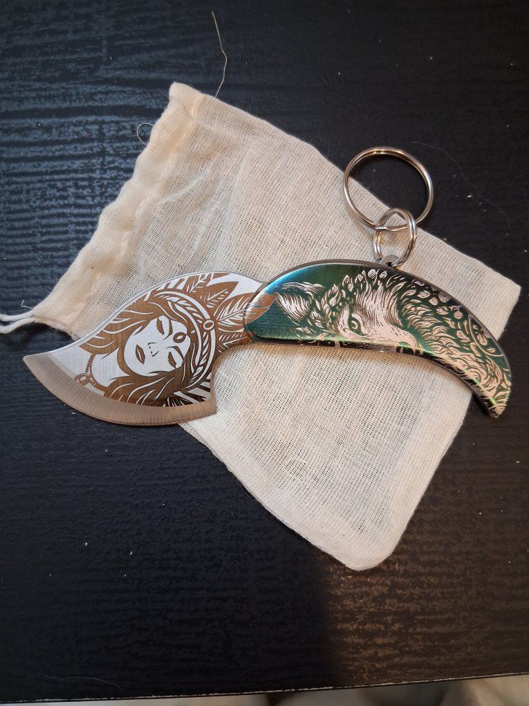 Wolf and Woman Engraved Folding Keychain Pocket Knife Multi-Tool