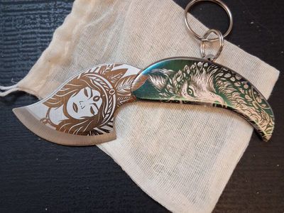 Wolf and Woman Engraved Folding Keychain Pocket Knife Multi-Tool