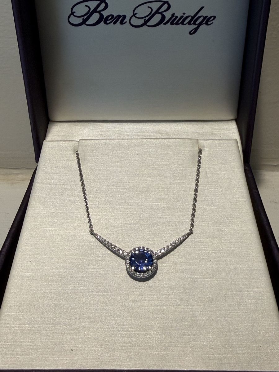Ben Bridge Sapphire & Diamond Halo Necklace in White Gold