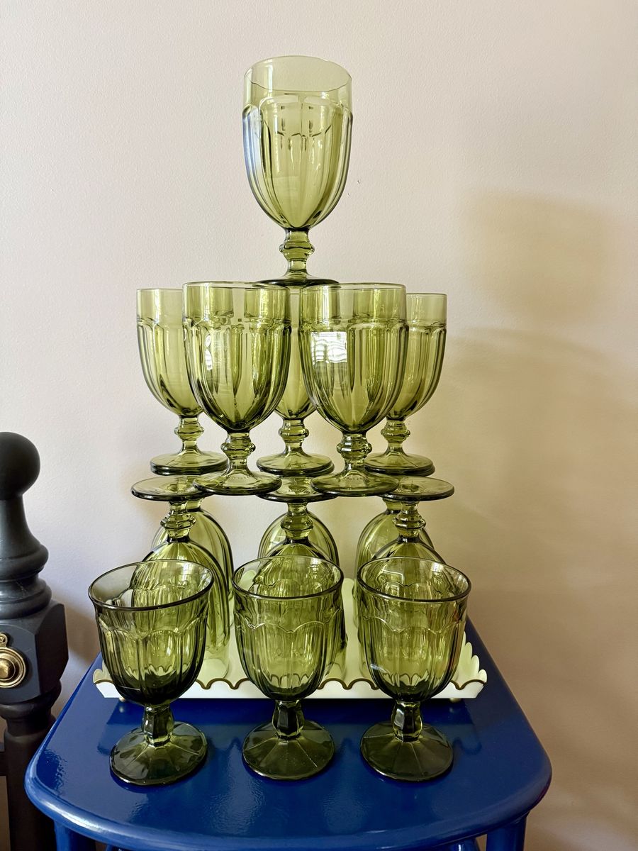 Vintage Olive Green Libbey Glass Company Gibraltar Duratuff Beverage Glasses Goblets