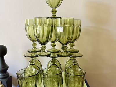 Vintage Olive Green Libbey Glass Company Gibraltar Duratuff Beverage Glasses Goblets