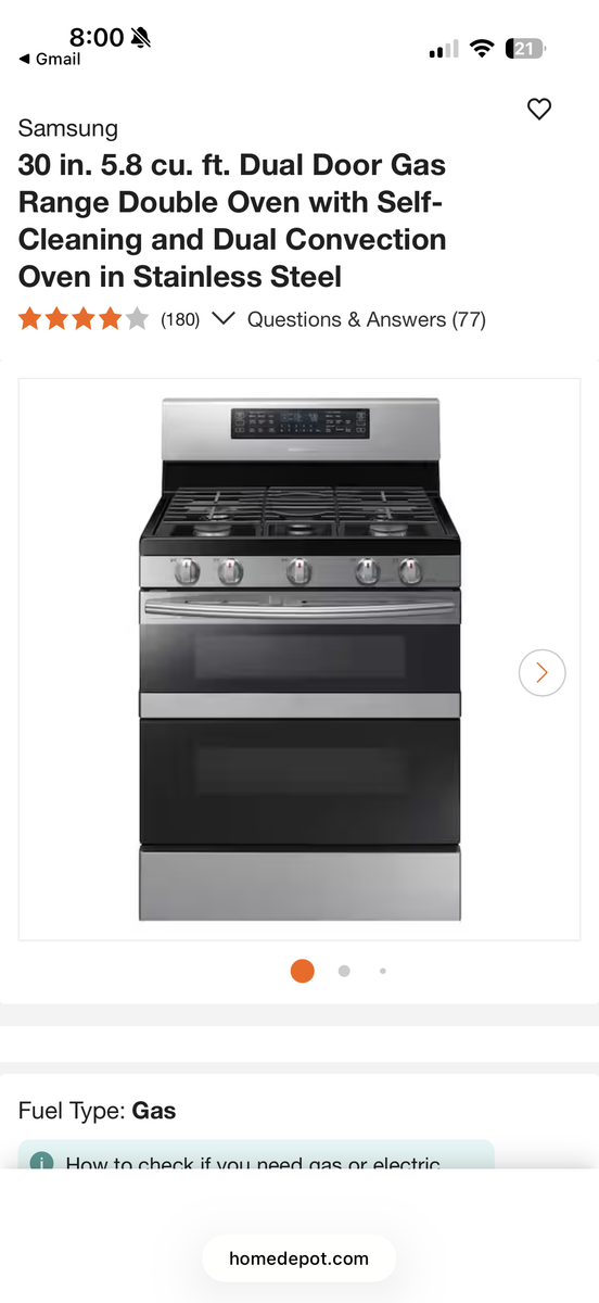 Samsung 30 in. 5.8 cu. ft. Dual Door Gas Range Double Oven with Self-Cleaning and Dual Convection Oven in Stainless Steel