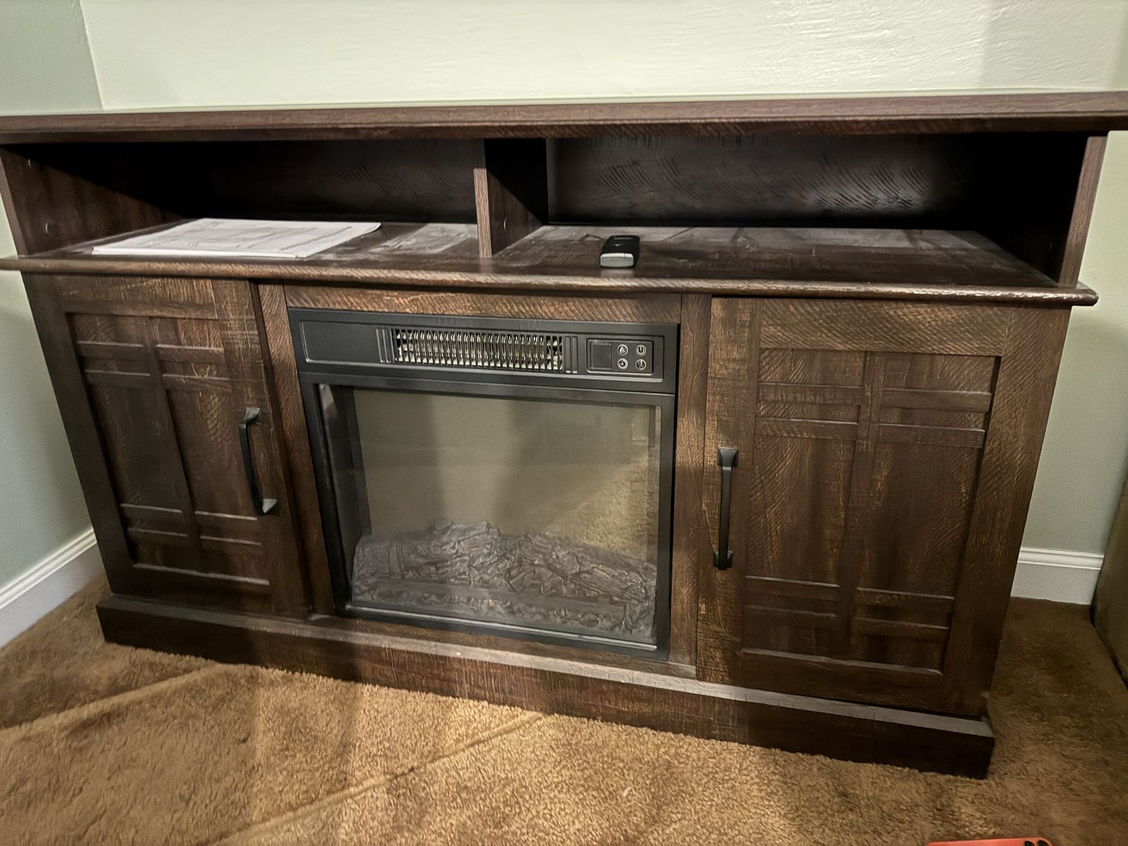 Wooden TV Stand Media Console with Built-In Electric Fireplace and Remote