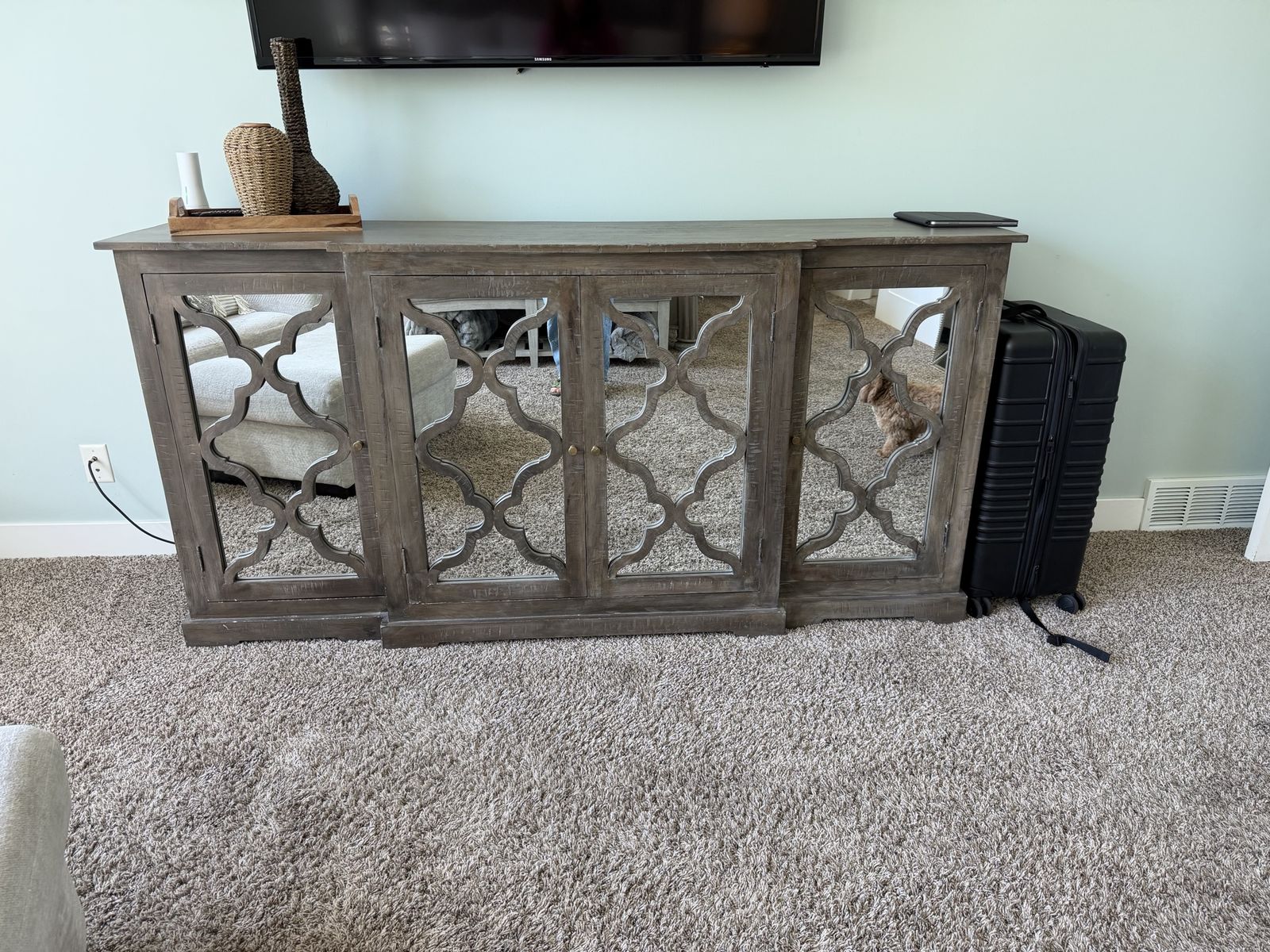 Rustic Farmhouse Mirrored Console Cabinet, Sideboard, Buffet - Wood Storage with Quatrefoil
