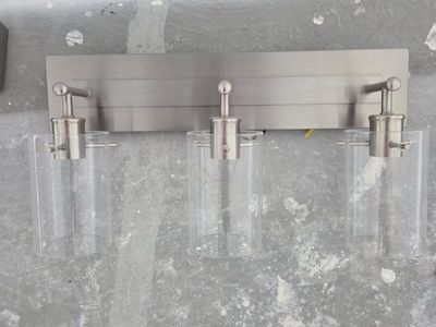 Two 3-Light Vanity Light Fixture, Brushed Nickel Finish, Clear Glass Shades