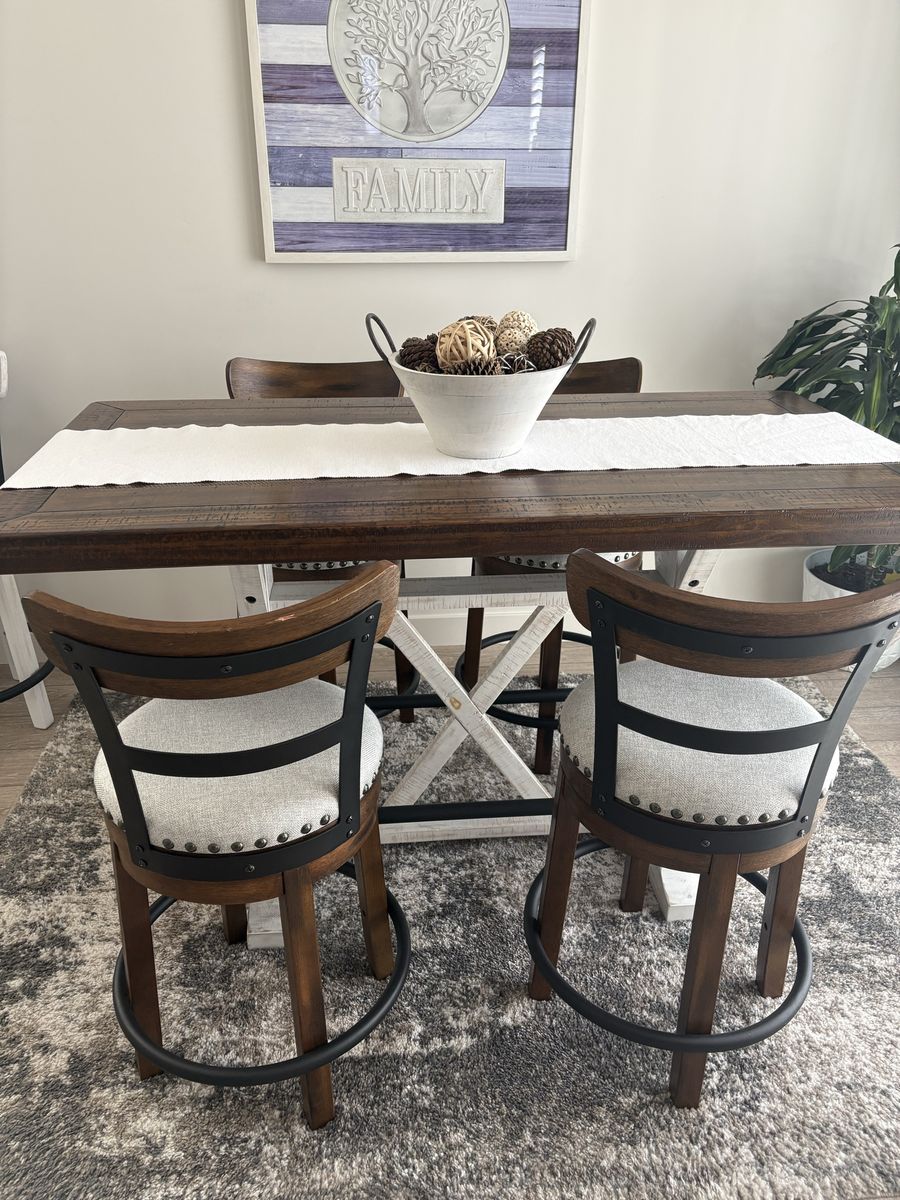 Set of 8 Swivel Bar Stools - Wood & Metal Frame with Upholstered Seats, Nailhead Trim, White/Brown