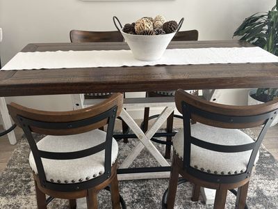 Set of 8 Swivel Bar Stools - Wood & Metal Frame with Upholstered Seats, Nailhead Trim, White/Brown