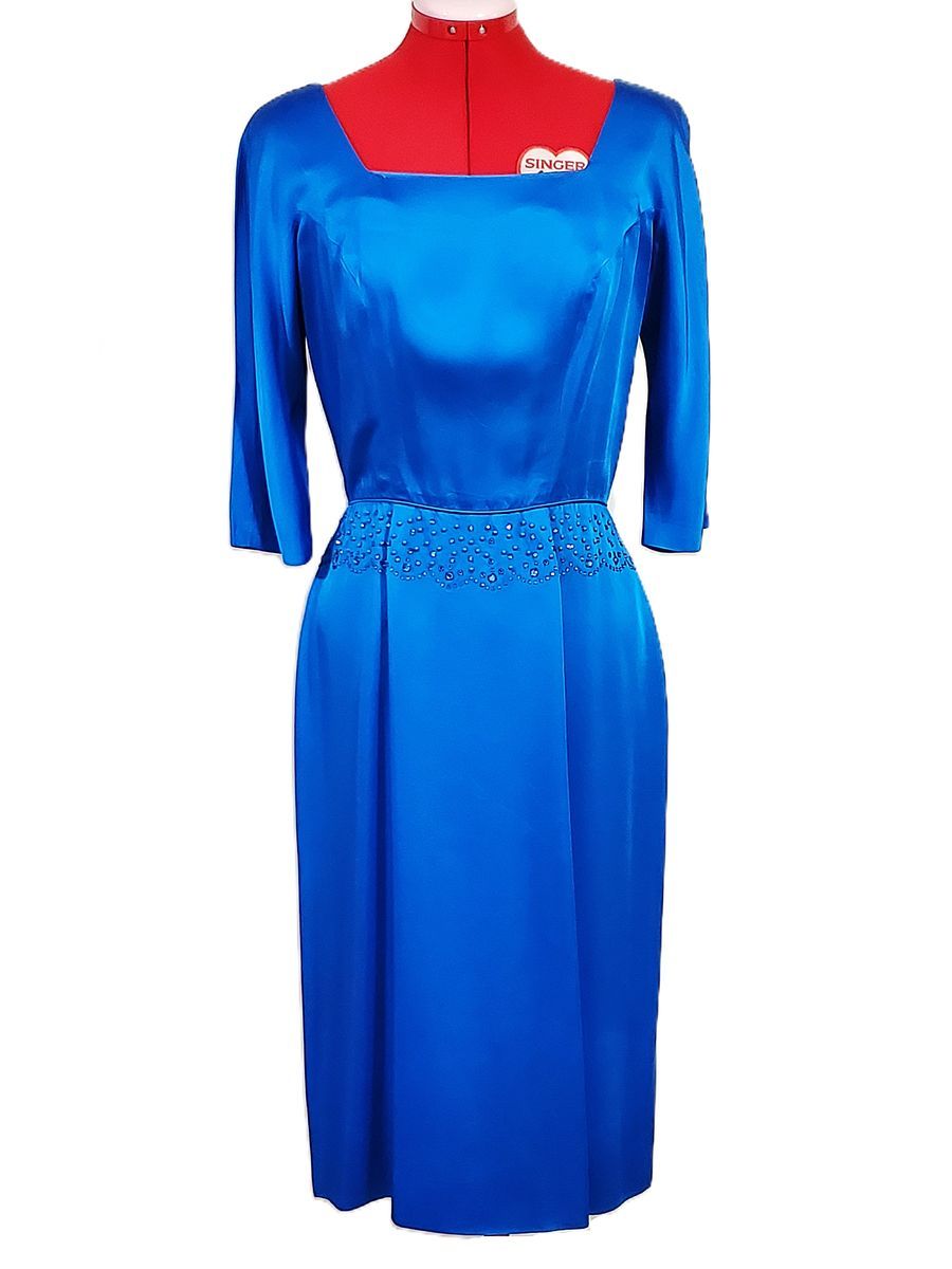 VERY RARE Vintage “DuBarry” Women’s Blue Satin Cocktail Sheath Dress – Size S