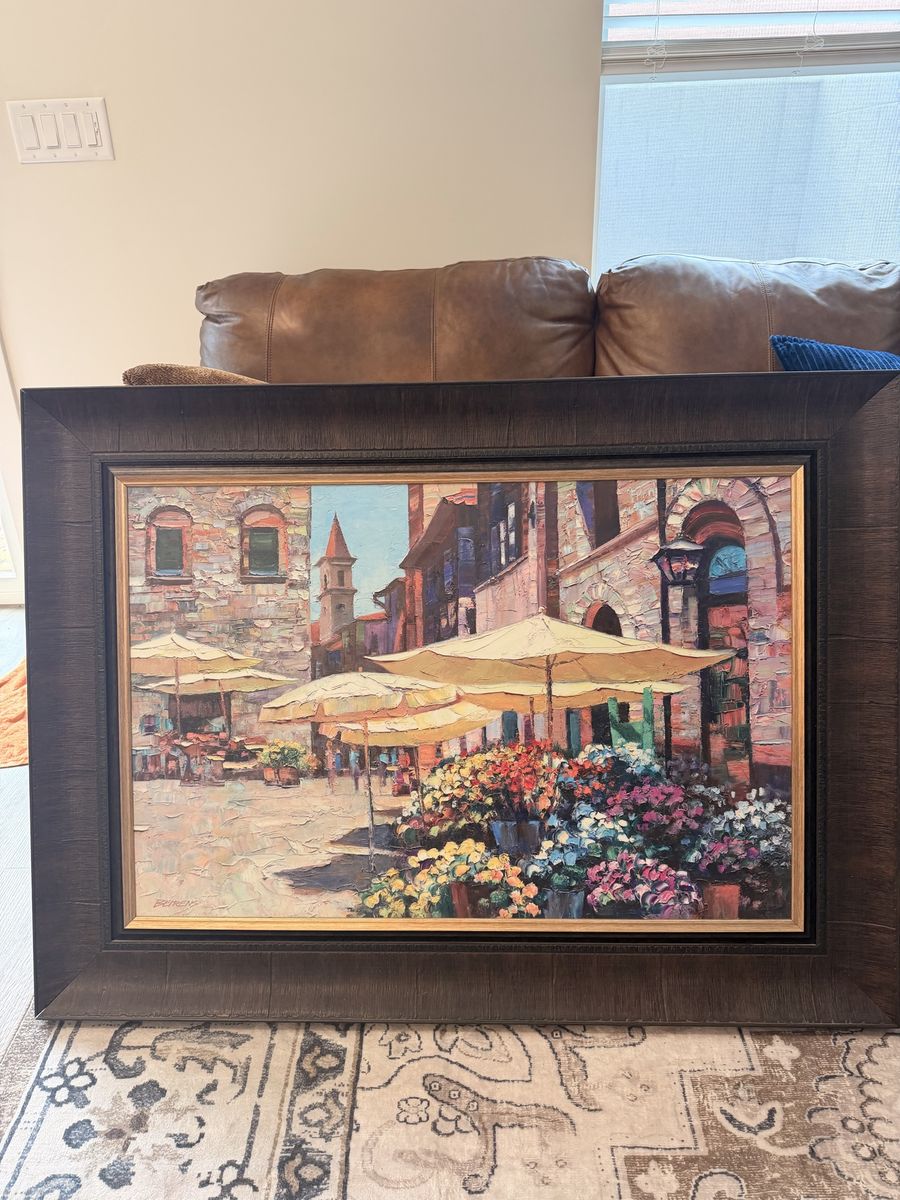 Large Wooden Framed European Street Scene Canvas