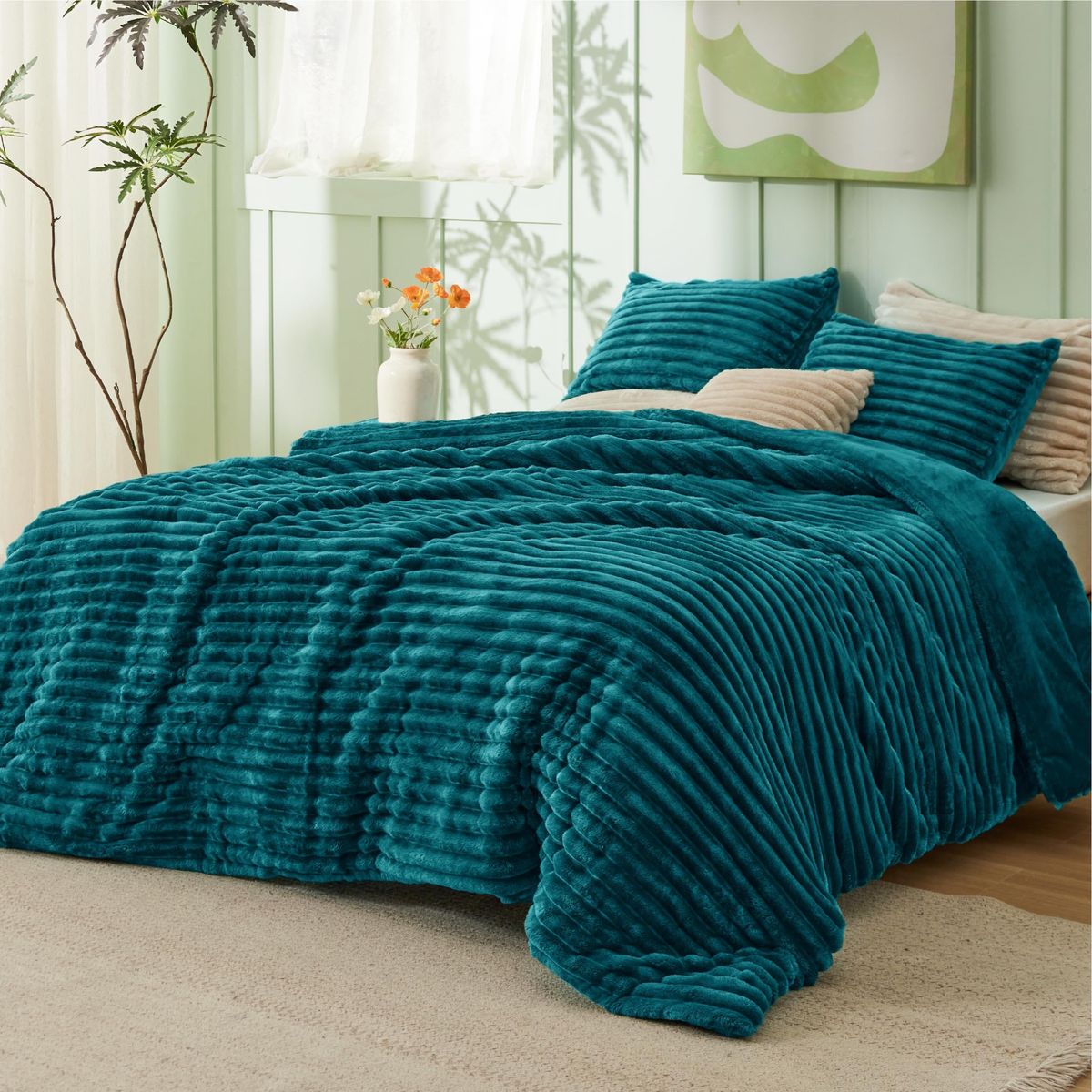 New! Bedsure Comforter Set Queen Size - GentleSoft™ 3 Pieces Double-Side Fleece Fluffy Teal Comforter Set, Cozy Striped Room Dec