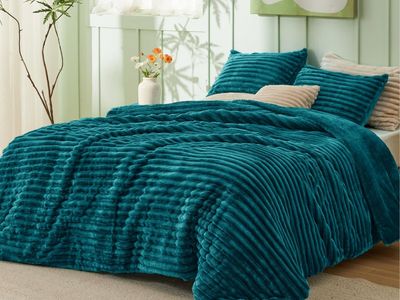 New! Bedsure Comforter Set Queen Size - GentleSoft™ 3 Pieces Double-Side Fleece Fluffy Teal Comforter Set, Cozy Striped Room Dec