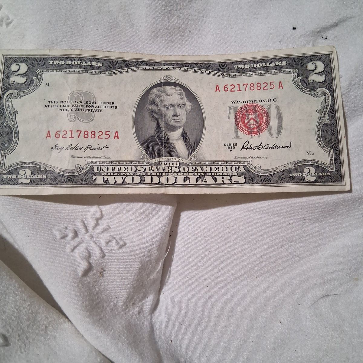 Vintage 1953 A US $2 Two Dollar Bill Red Seal Legal Tender Note