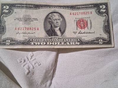 Vintage 1953 A US $2 Two Dollar Bill Red Seal Legal Tender Note