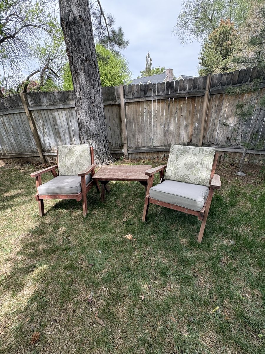 Outdoor redwood chairs and side table