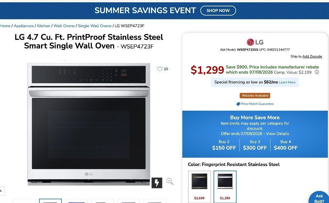 LG 4.7 Cu. Ft. PrintProof Stainless Steel Smart Single Wall Oven WSEP4723F