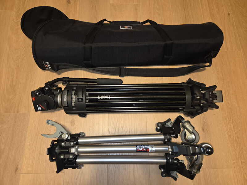 Manfrotto pro rig Italy-made: Dolly, Tripod, Fluid Head, Half Ball, bags (like new)