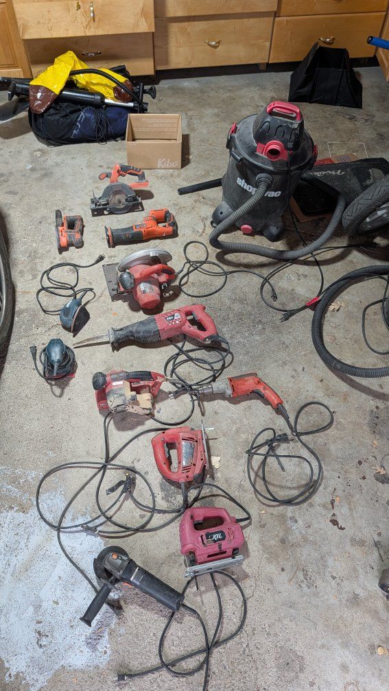 Assorted Power Tool Lot - Saws, Sanders, Drill, Angle Grinder & Shop-Vac
