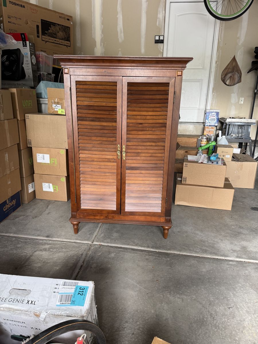 Bombay House Wooden Armoire Wardrobe Cabinet with Louvered Doors and Shelves - Excellent Condition