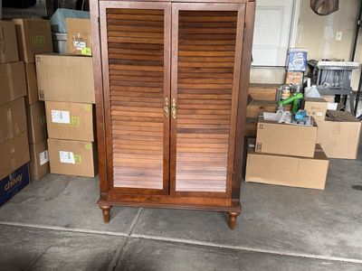 Bombay House Wooden Armoire Wardrobe Cabinet with Louvered Doors and Shelves - Excellent Condition