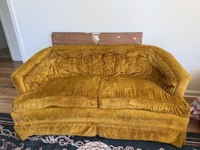 Vintage yellow/gold velvet love seat pair