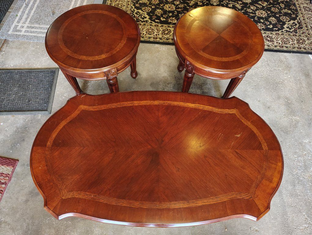 Ornate Carved Wood Coffee Table & 2 Round End Tables - 3 Piece Living Room Set