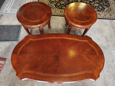 Ornate Carved Wood Coffee Table & 2 Round End Tables - 3 Piece Living Room Set
