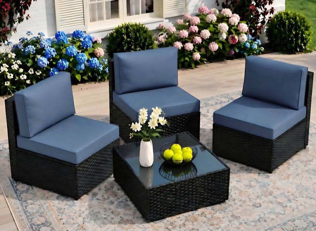 Patio Furniture Sets, 4-Piece Outdoor Patio Furniture with Thick Cushions, Wicker Outdoor Conversation Set, Aegean Blue
