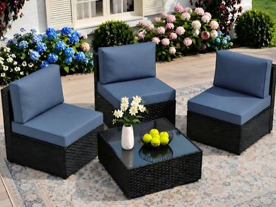Patio Furniture Sets, 4-Piece Outdoor Patio Furniture with Thick Cushions, Wicker Outdoor Conversation Set, Aegean Blue