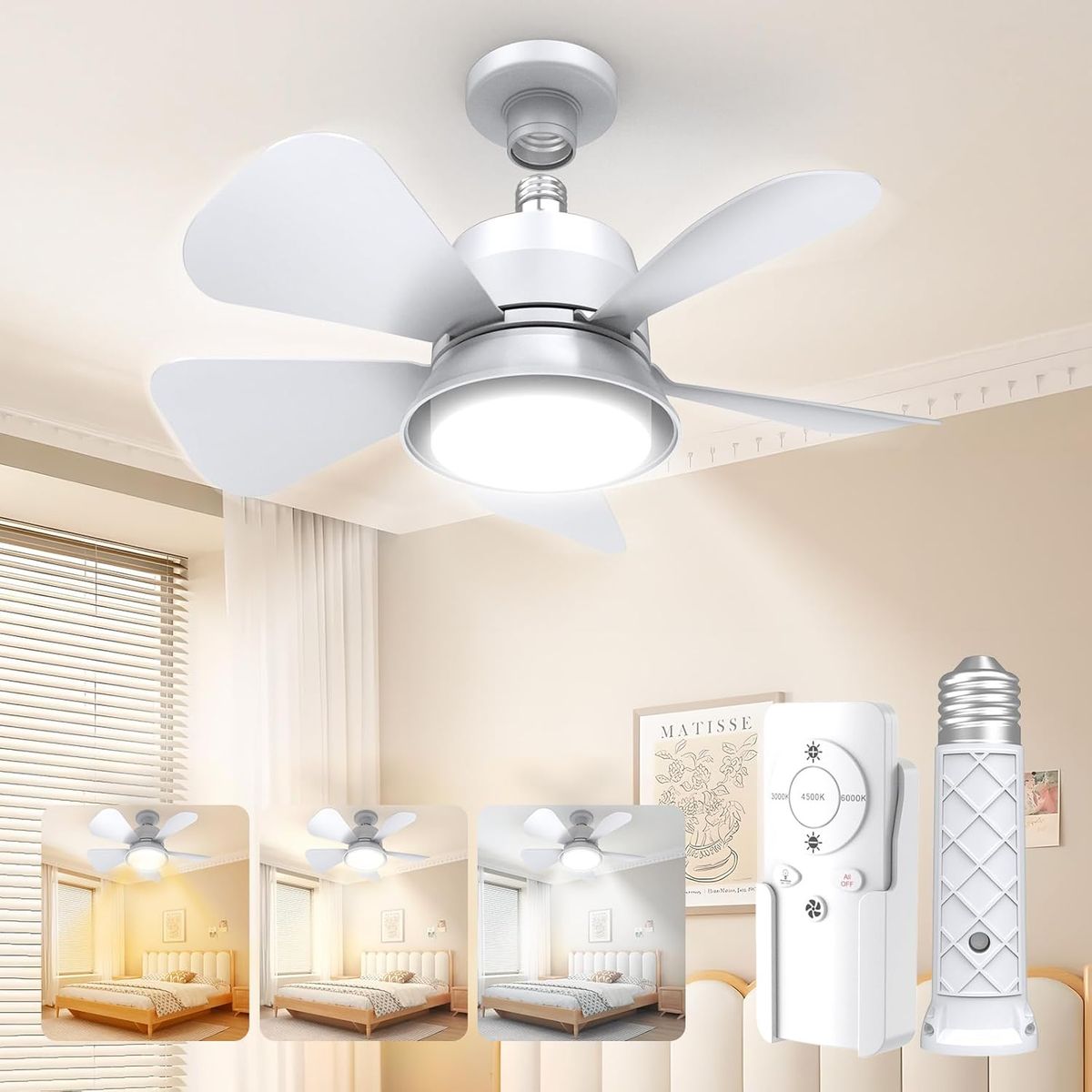NEW Ceiling Fan with Lights Remote – 3 Colors (3000K-6000K), 3 Wind Speeds Ultra Quiet DC Motor for Bedroom, Kitchen, Indoor