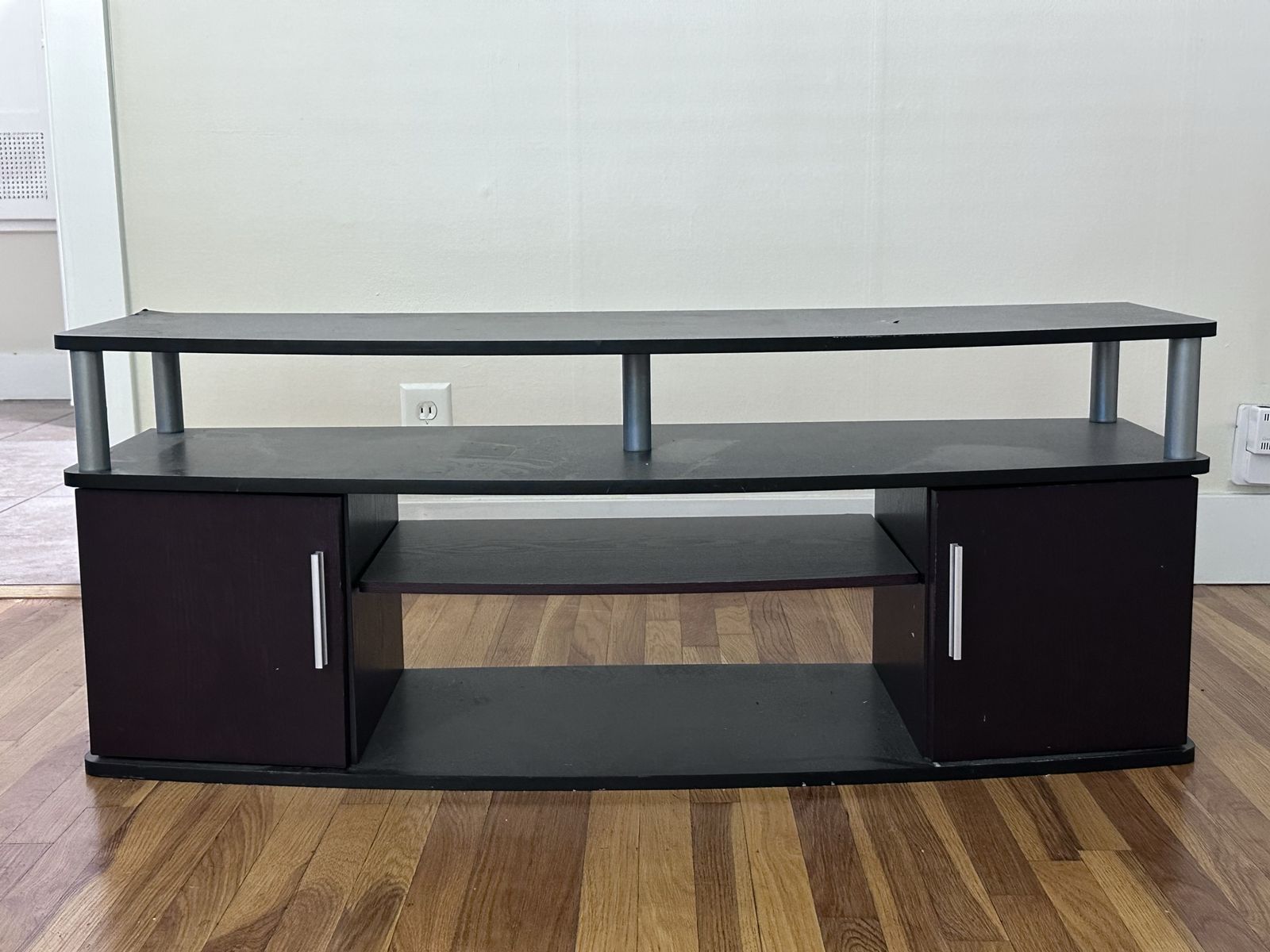 Black and Dark Brown Wood TV Stand with Storage Cabinets and Shelving