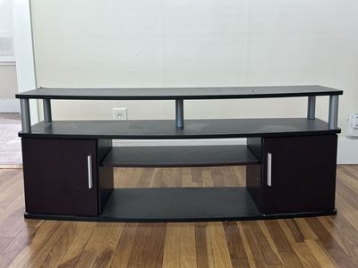 Black and Dark Brown Wood TV Stand with Storage Cabinets and Shelving