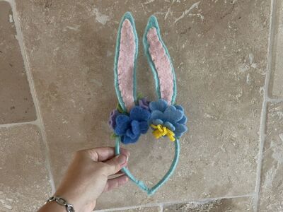 New Headband W/ Wool Bunny Ears & Flowers