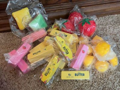 Squishy yellow butter, pink strawberry, toast, cheese