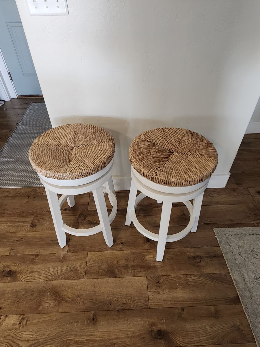 White Wood and Woven Seagrass Swivel Counter-height  Barstools
