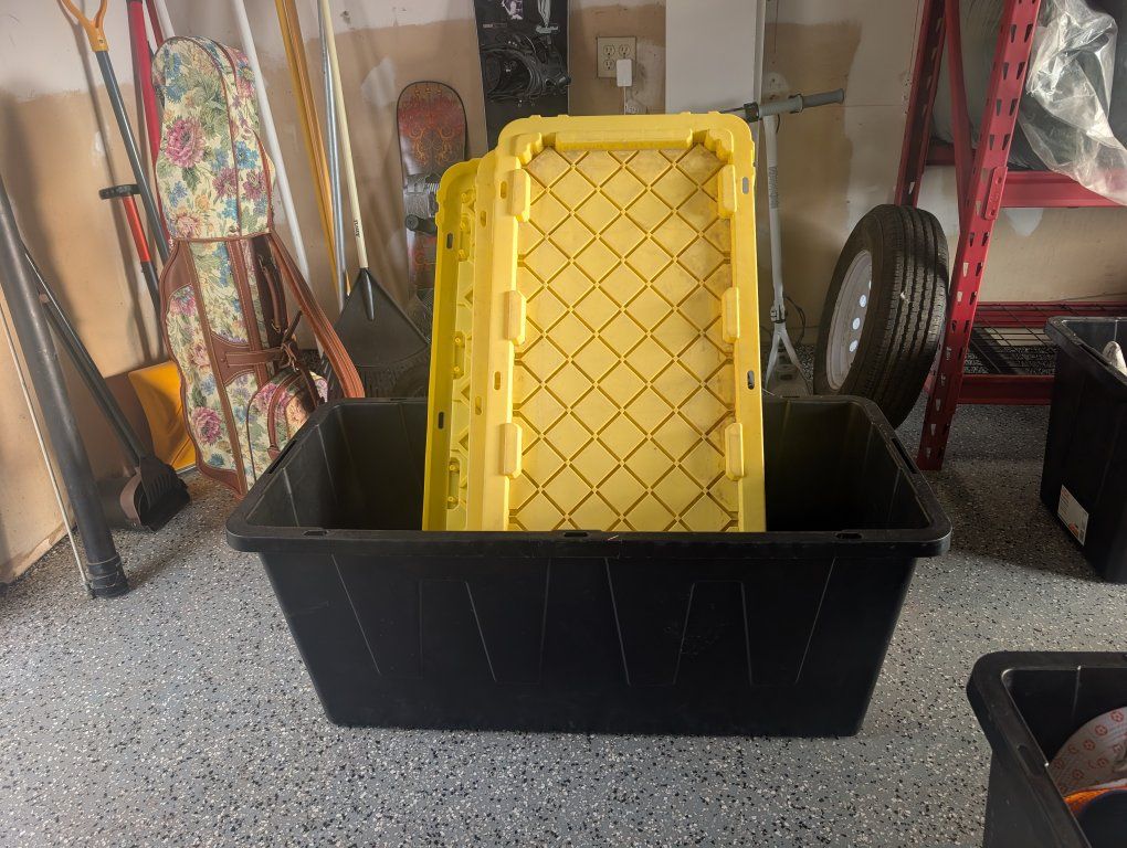 4 Large Black Storage Tote with Yellow Lid - Durable Plastic Bin 55 gallons