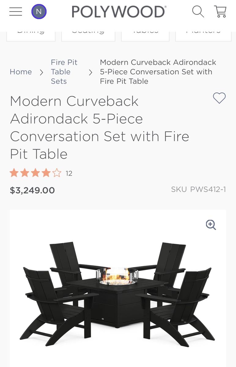 POLYWOOD Modern Curveback Adirondack 5-Piece Conversation Set with Fire Pit Table - Black