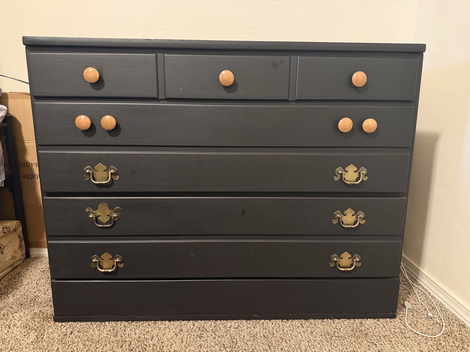 3-Drawer Dresser - Black with Wood Knobs & Brass Pulls