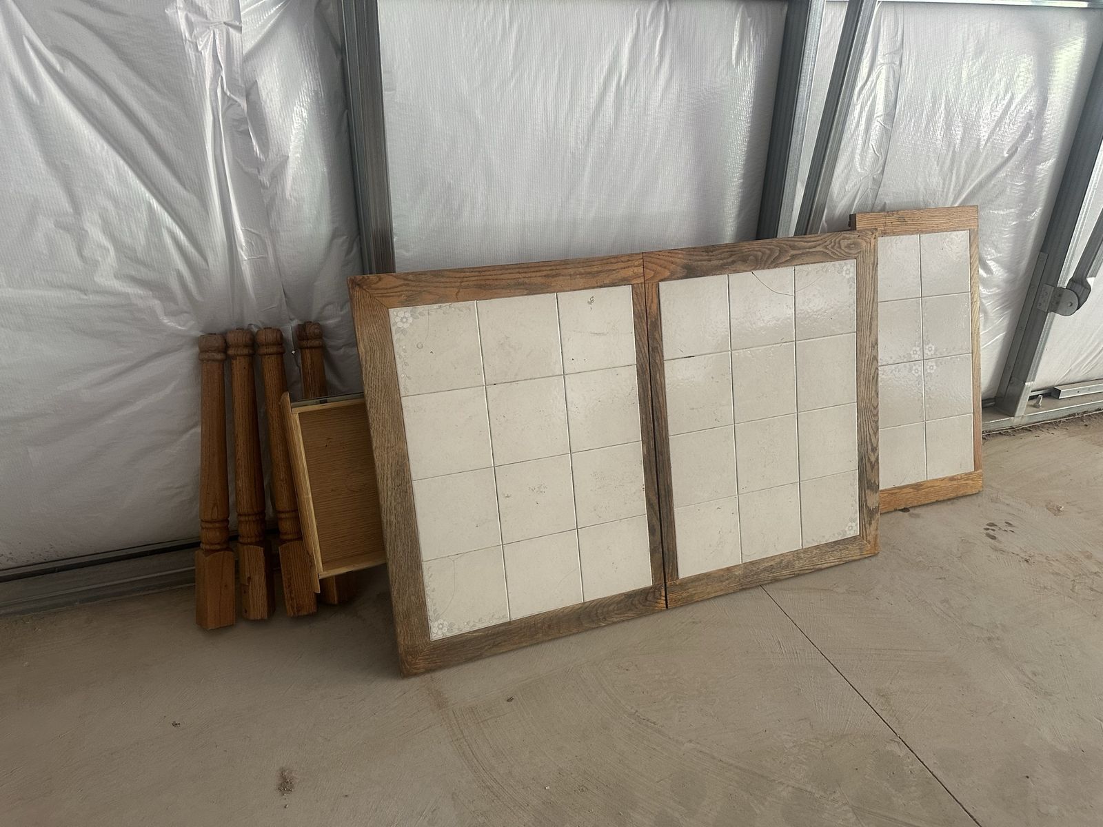 Vintage Oak and Ceramic Tile Dining Table - Disassembled