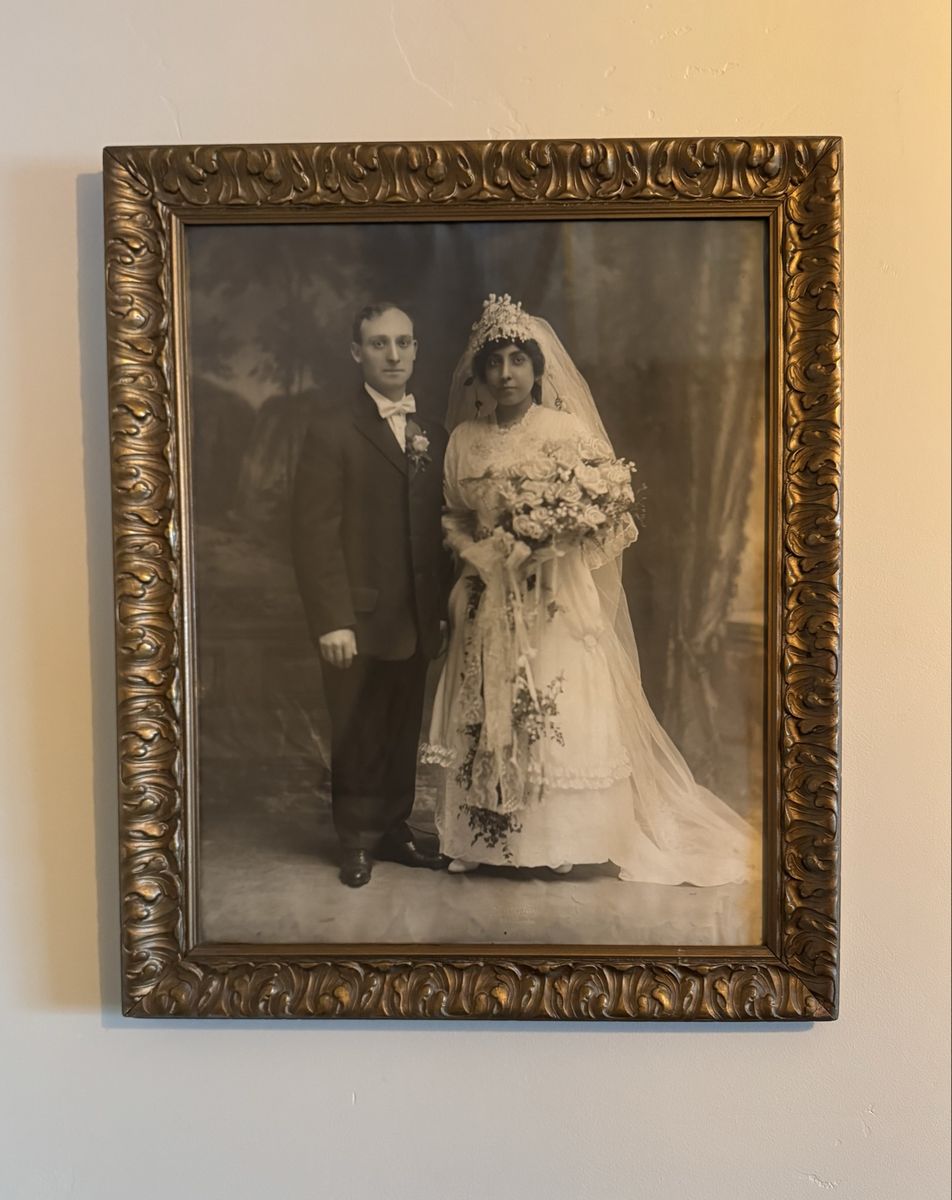 Large Vintage Wedding Portrait / Photograph in Original Antique Frame: 1916