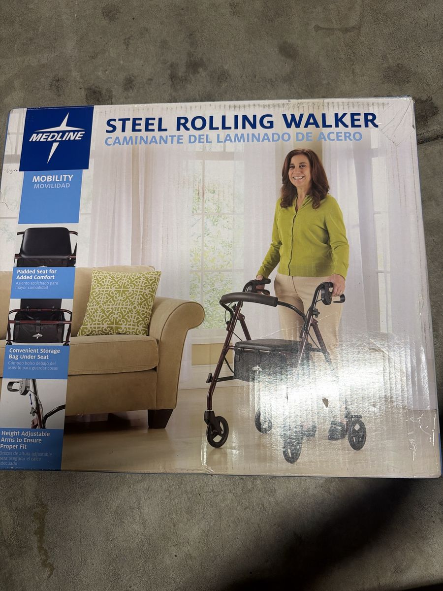 Medline Steel Rolling Walker Rollator with Padded Seat & Storage Bag