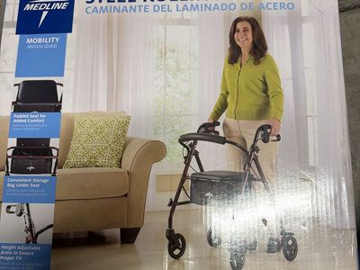 Medline Steel Rolling Walker Rollator with Padded Seat & Storage Bag