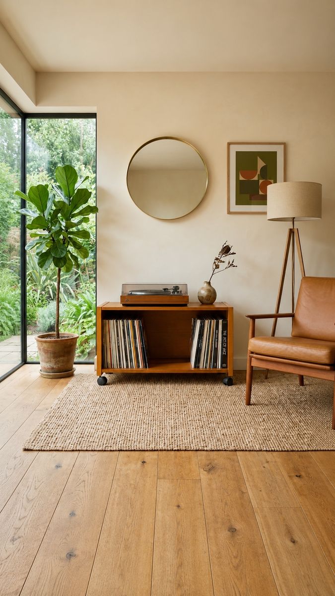 Vintage Mid Century Danish Teak Low Profile Record Console Stand Rolling Cart w/Black Wheels
